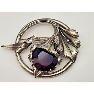 Vintage Floral Sterling Silver Brooch With Faceted Amethyst/Glass Brooch
